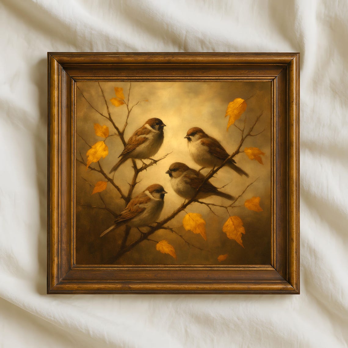 Autumn Sparrows on Golden Branches Rustic Wildlife Oil Painting Poster