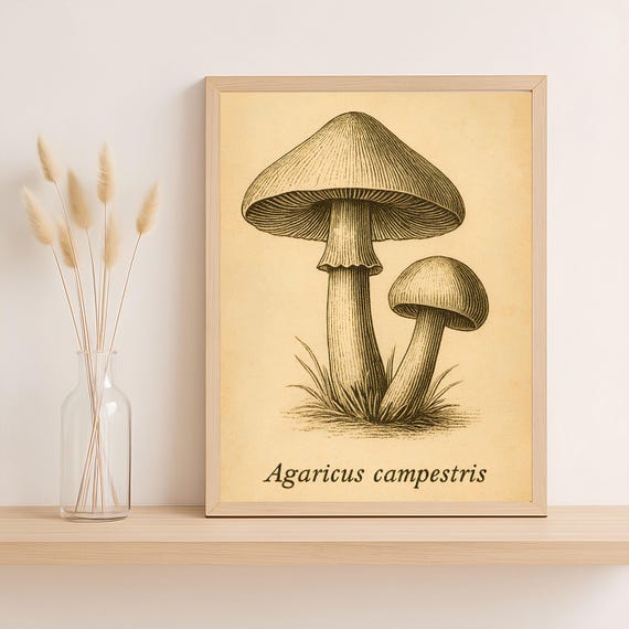 Agaricus Campestris Print Vintage Mushroom Illustration Botanical Foraging Wall Art Mycology Png