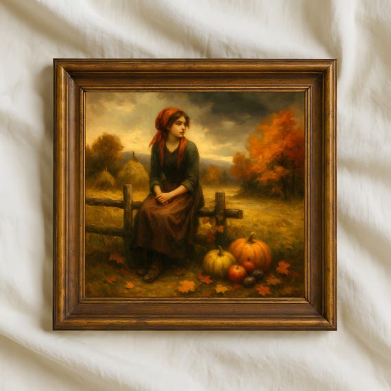 Rustic Autumn Girl Wall Art Vintage Fall Countryside Painting Harvest Pumpkins Golden Fields Cozy Farmhouse Seasonal