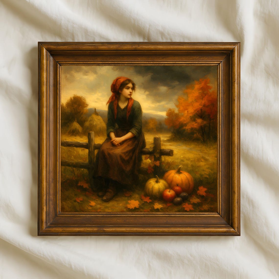 Autumn Harvest Woman Red Headscarf Pumpkins Rustic Painting Poster