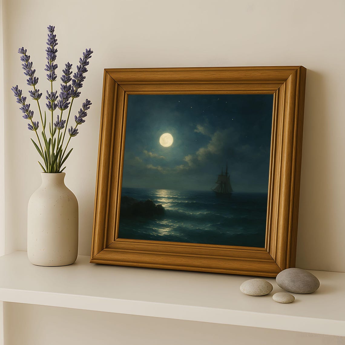 Moonlit Night Ocean Dark Ship Silhouette Blue Seascape Wall Art
