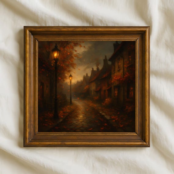 Autumn Street Oil Painting Cozy Fall Village Wall Art Png 300 Dpi Rustic Lanterns And Leaves Decor