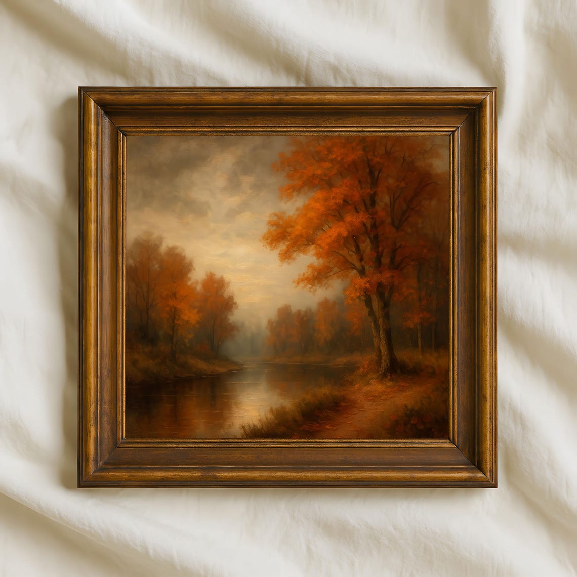 Golden Autumn Forest River Misty Orange Treetop Fall Glow Poster