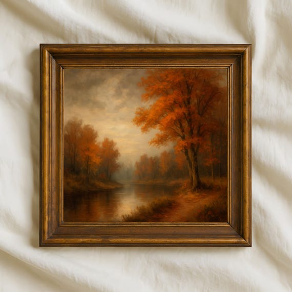 Autumn River Oil Painting Fall Landscape Wall Art 11 Square Nature Print For Rustic Living Room Or Bedroom Decor