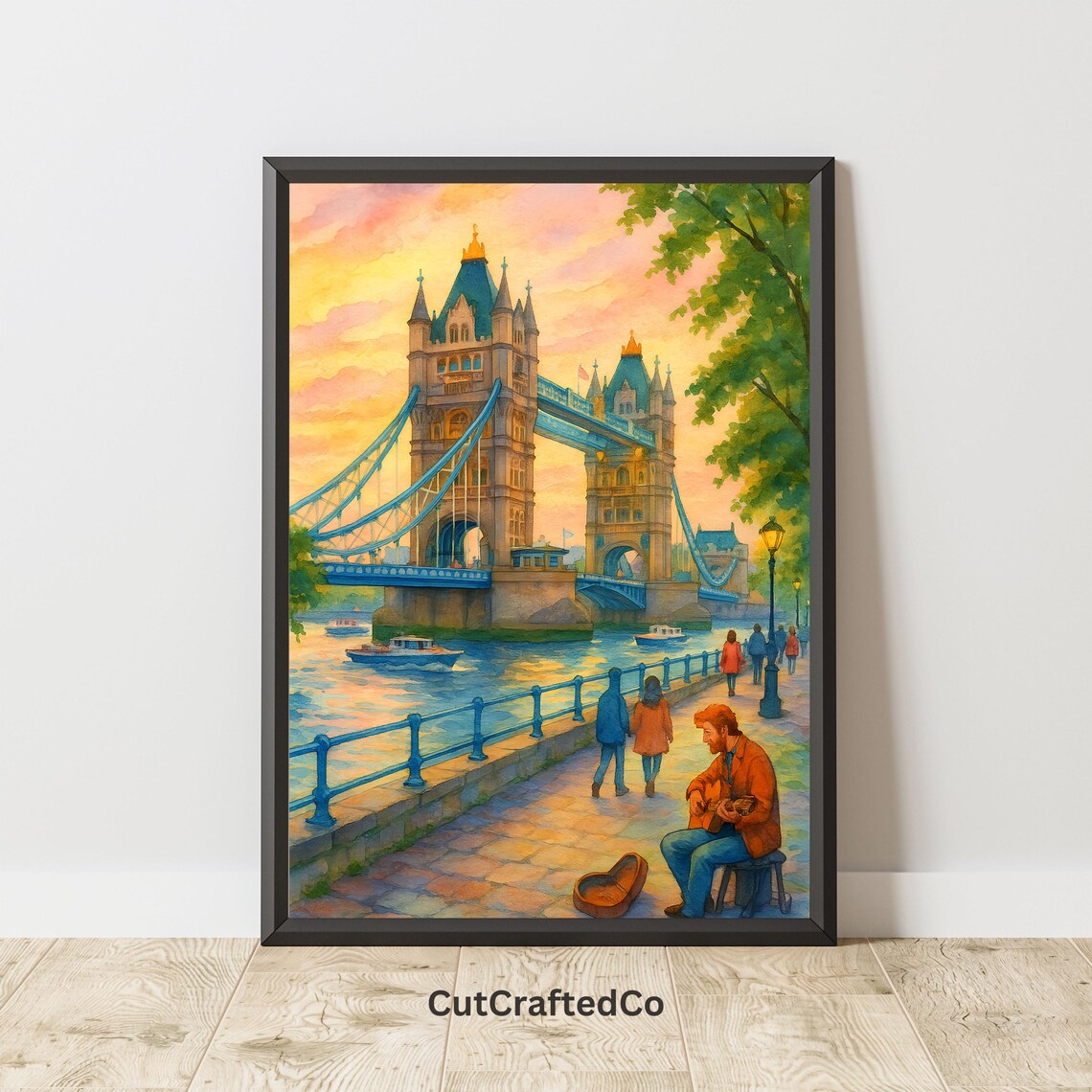 Tower Bridge Sunset Watercolor Street Musician Romantic Thames Poster