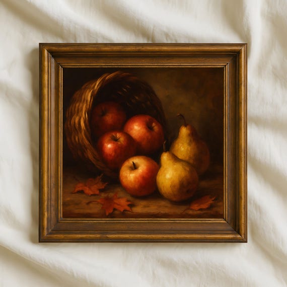 Apples And Pears Oil Painting Rustic Harvest Still Life Wall Art 11 Square Farmhouse Print For Autumn Kitchen Decor