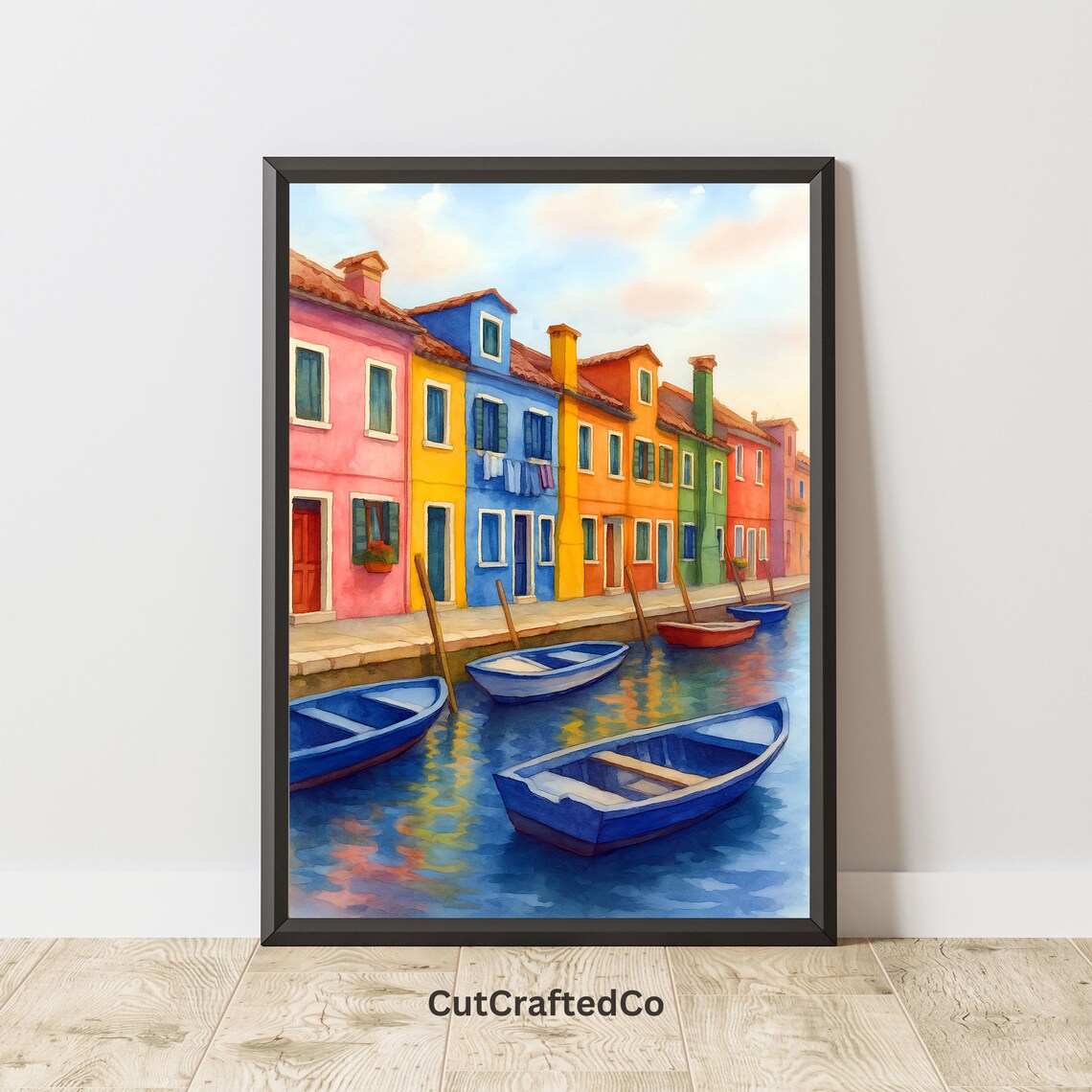 Burano Italy Colorful Canal Houses Watercolor Venice Boats Poster