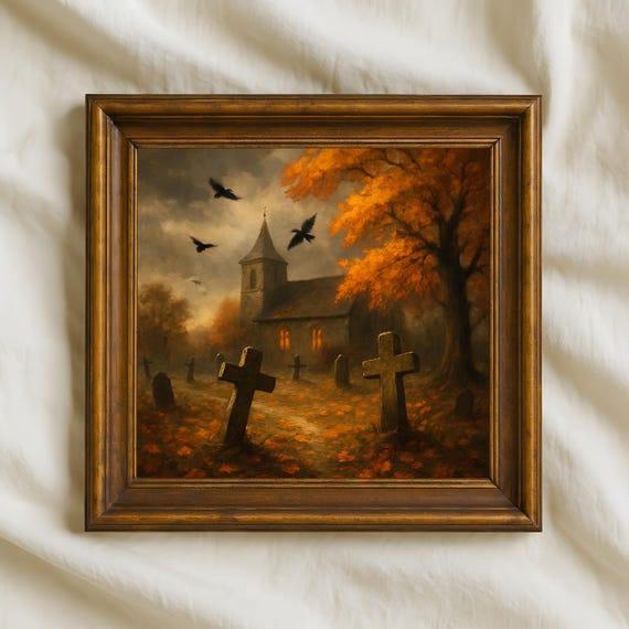 Haunted Autumn Graveyard Oil Painting Gothic Church And Ravens Wall Art Print Dark Halloween Artwork Spooky Rustic Decor