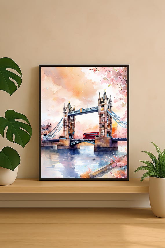 London Tower Bridge Watercolor Print Spring Cherry Blossom Wall Art Uk Cityscape British Red Bus Travel Decor