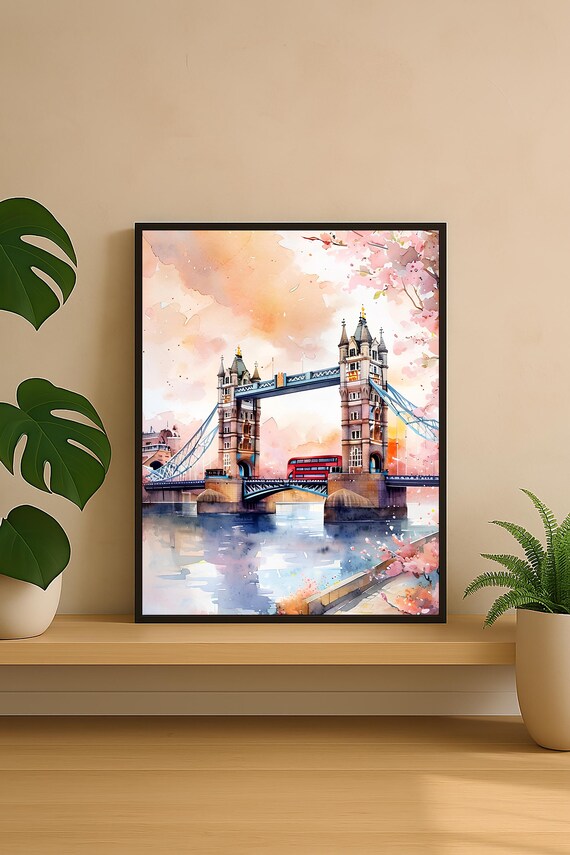 Tower Bridge Spring Watercolor London Cherry Blossom City Scene Poster
