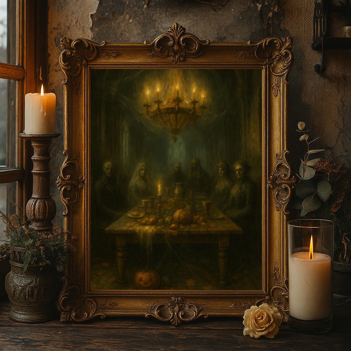 Haunted Banquet Wall Art Gothic Halloween Dining Table Scene Creepy Ghostly Feast Oil Painting Spooky Artwork