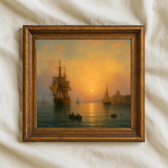 Harbor Sunset Tall Ship Golden Water Romantic Oil Painting Poster