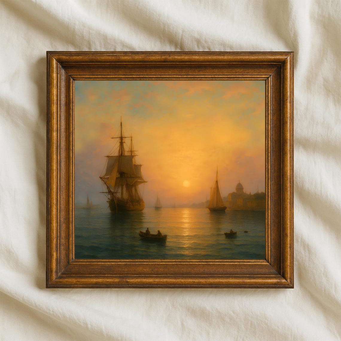 Harbor Sunset Tall Ship Golden Water Romantic Oil Painting Poster