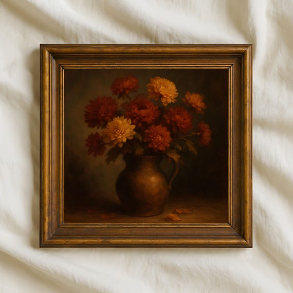 Rustic Autumn Floral Still Life Vintage Chrysanthemum Bouquet Wall Art Print Square Fall Flowers Artwork For Cozy Home Decor
