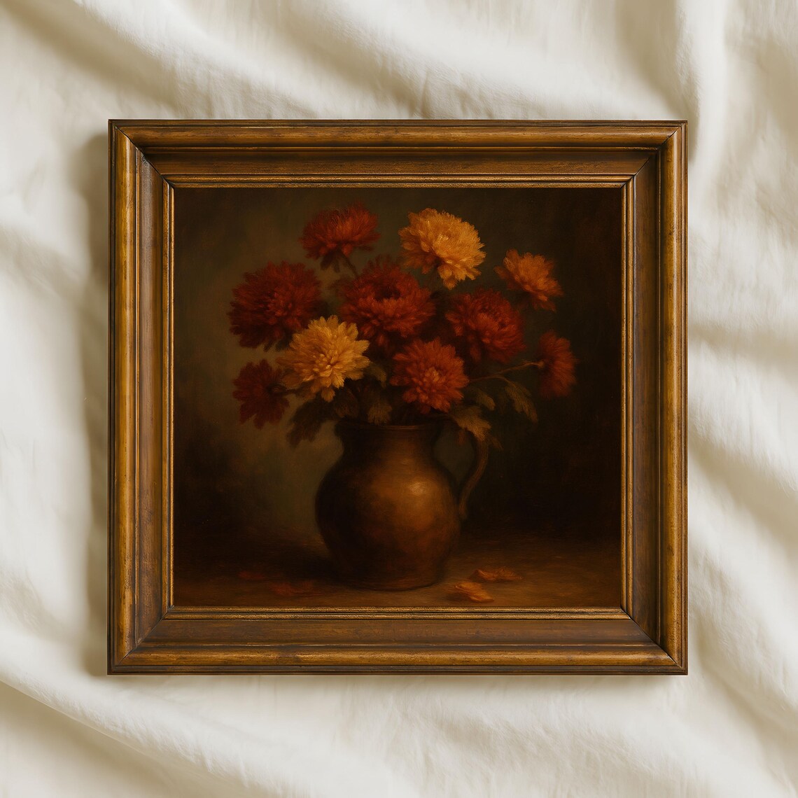 Chrysanthemum Bouquet Clay Pitcher Autumn Floral Oil Painting Poster