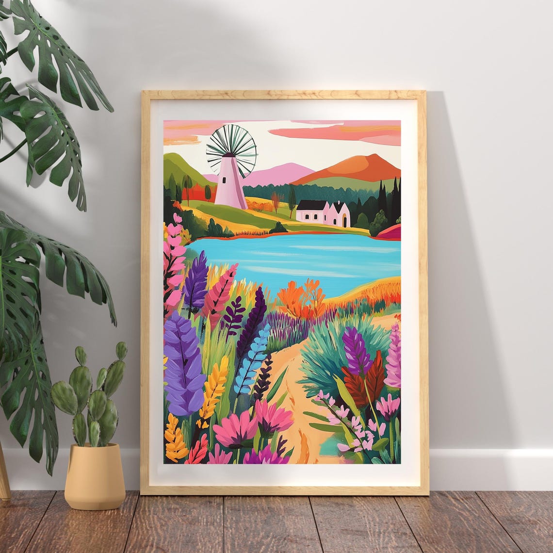 Whimsical Windmill Cottage by a Bright Lakeside Wildflower Art Poster - Image 2