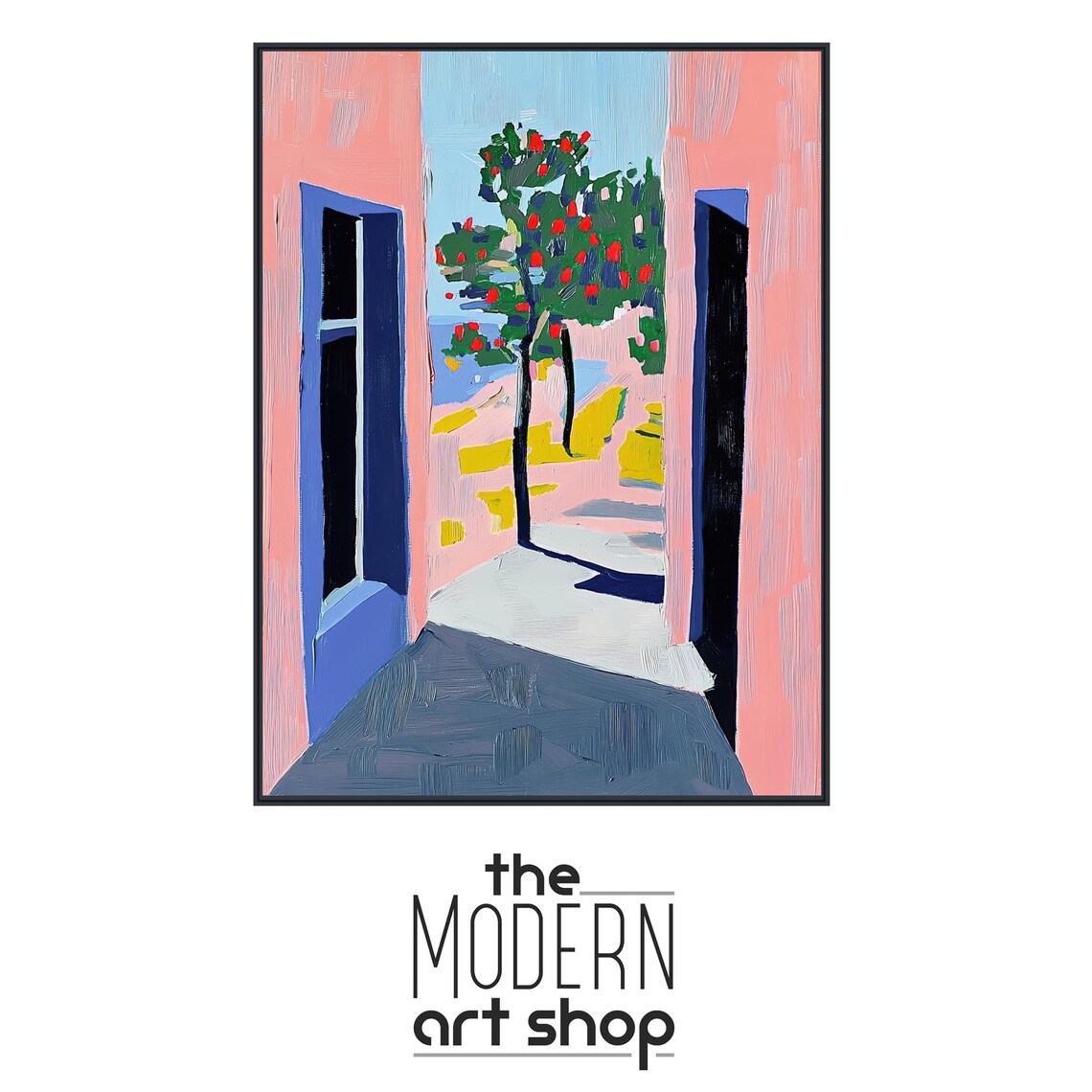 Mediterranean Coastal Alley Painting Pink Walls Blue Doors Sea Poster - Image 4