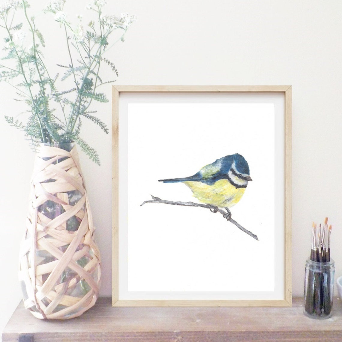 Blue Tit Bird Perched on Bare Branch Watercolor Bird Art Poster - Image 2