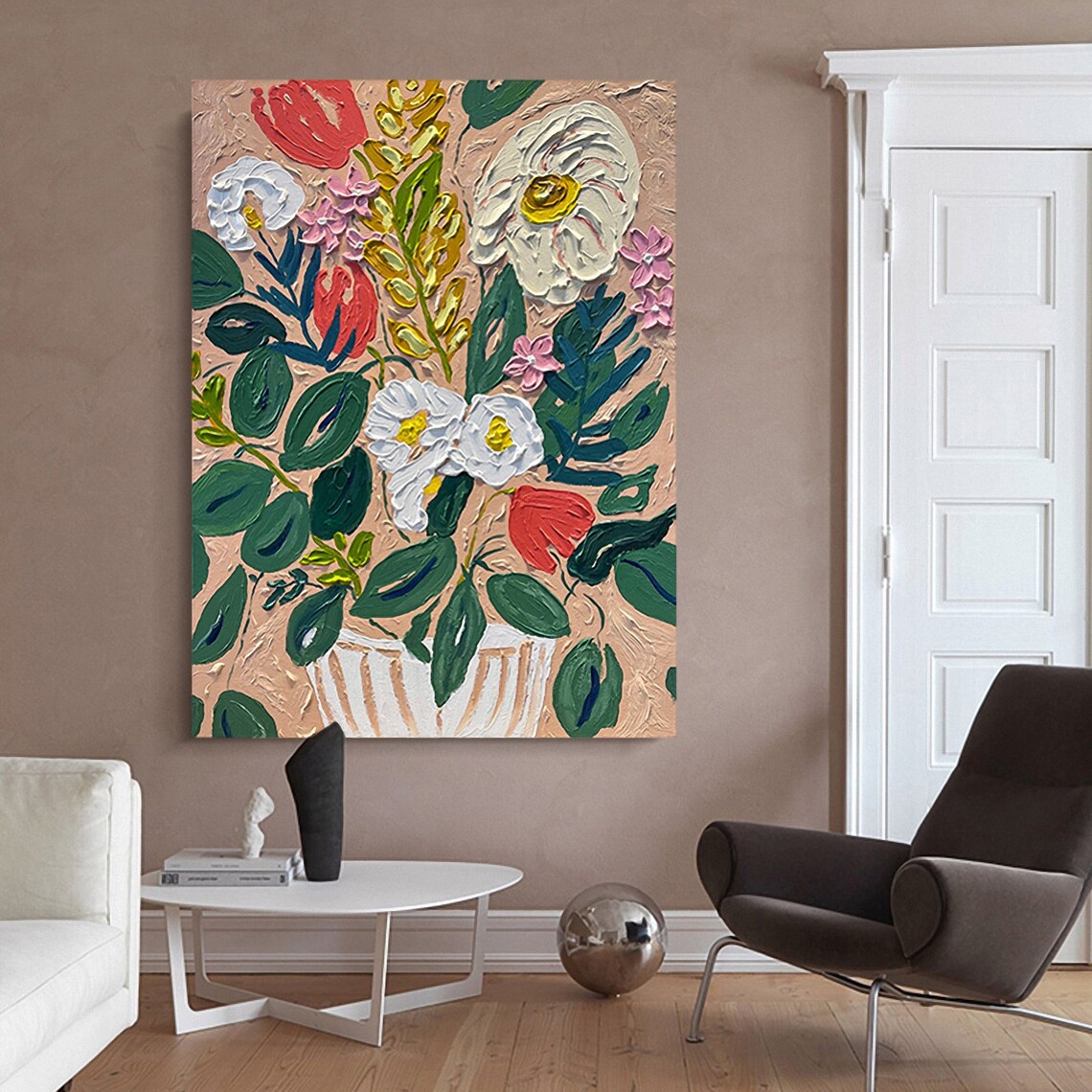 White And Coral Flower Bouquet Vase With Green Leaves Art Poster - Image 2