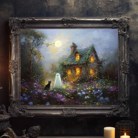 Black Cat and Ghost Cottage, Whimsigoth Art Print