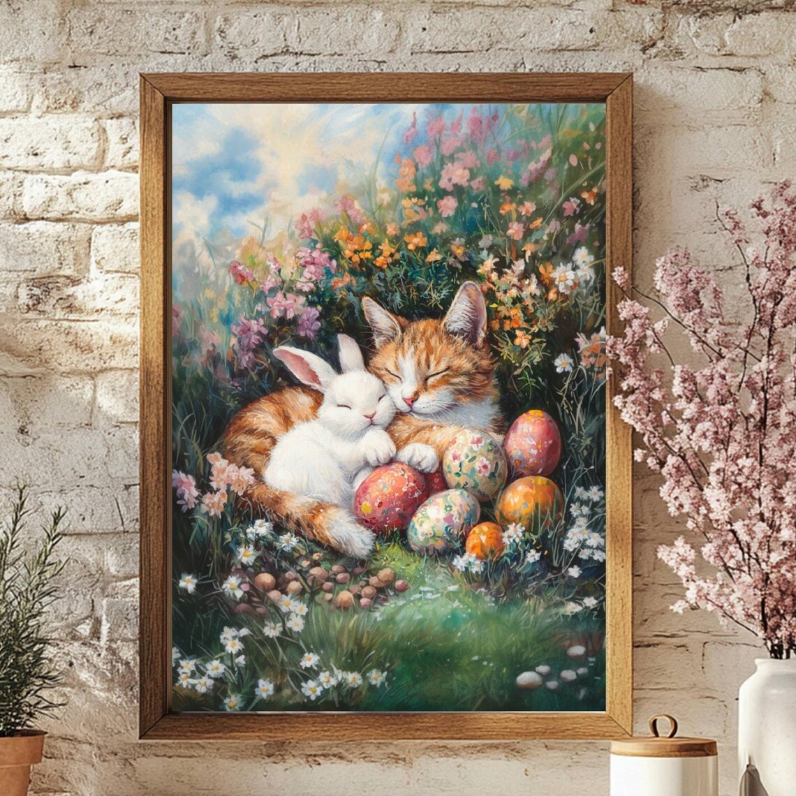 Easter Sleeping Orange Tabby Cat and Bunny Poster