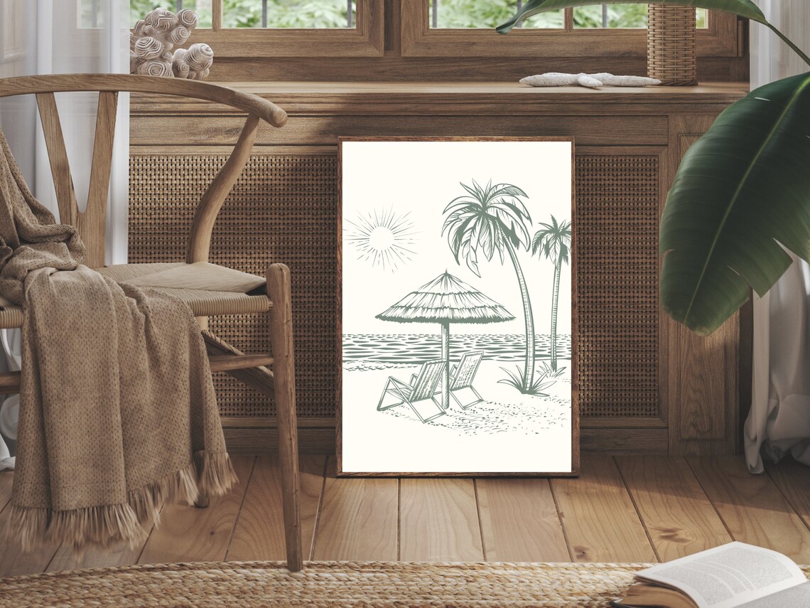 Sage Green Beach Scene Palm Trees Umbrella Line Art Coastal Poster - Image 3