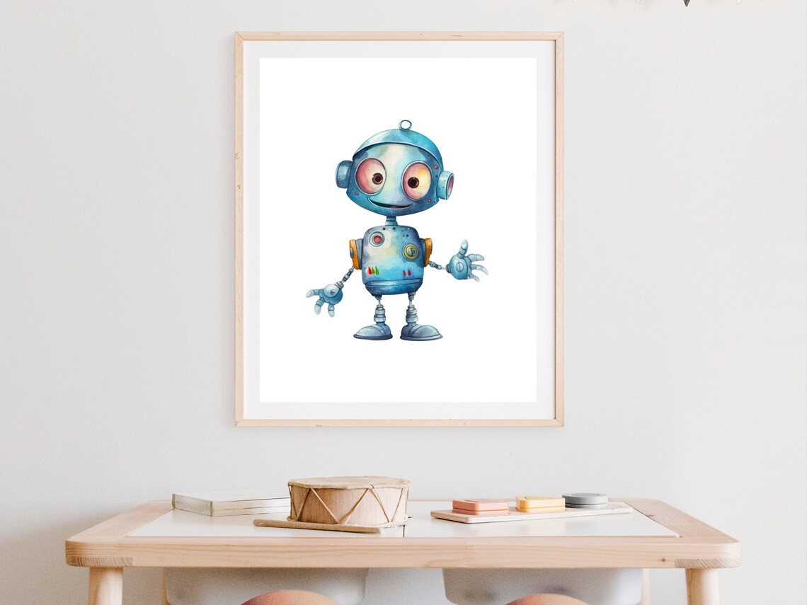 Cute Blue Robot Big Eyes Watercolor Nursery Boys Room Art Poster - Image 3