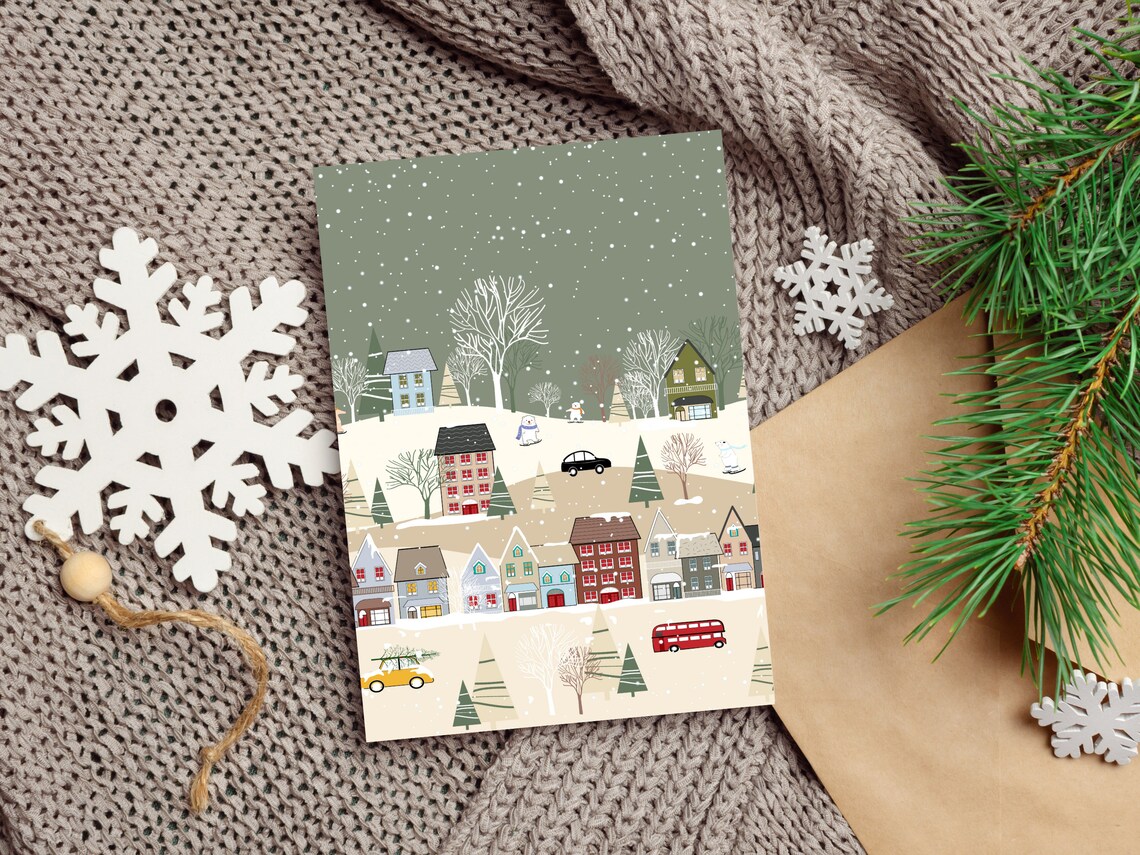 Bustling Winter Village Christmas Scene Art Print - Image 4
