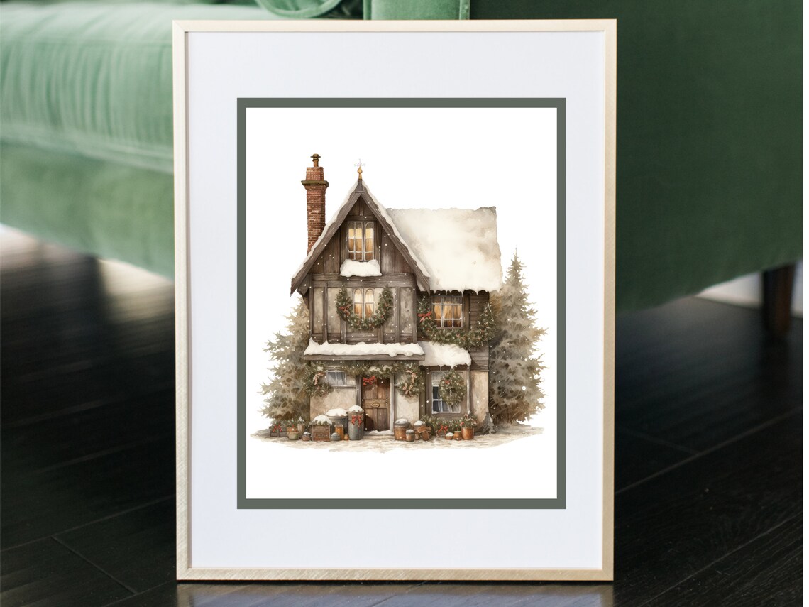 Snowy Rustic Christmas House With Wreaths Watercolor Art Poster - Image 2