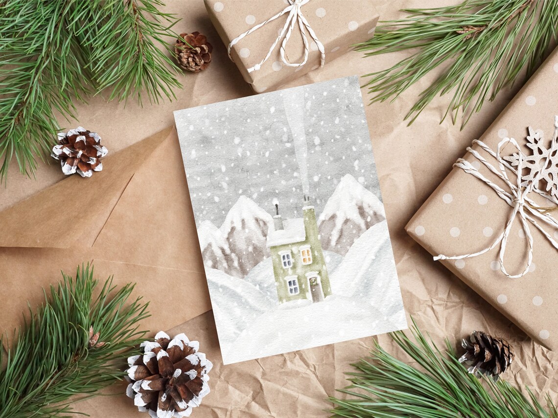 Snowy Mountain Cabin Winter Watercolor Christmas Landscape Poster - Image 4