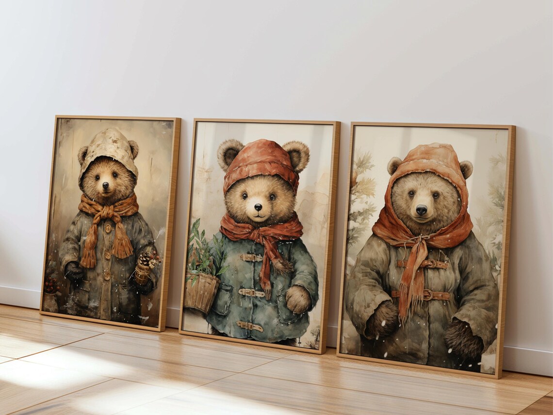 Woodland Bear Cub Winter Coat Poster Vintage Rustic Nursery Room Decor - Image 5