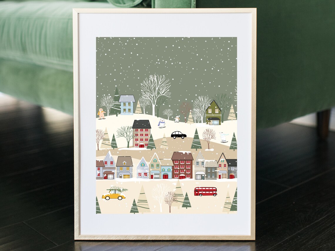 Bustling Winter Village Christmas Scene Art Print - Image 2