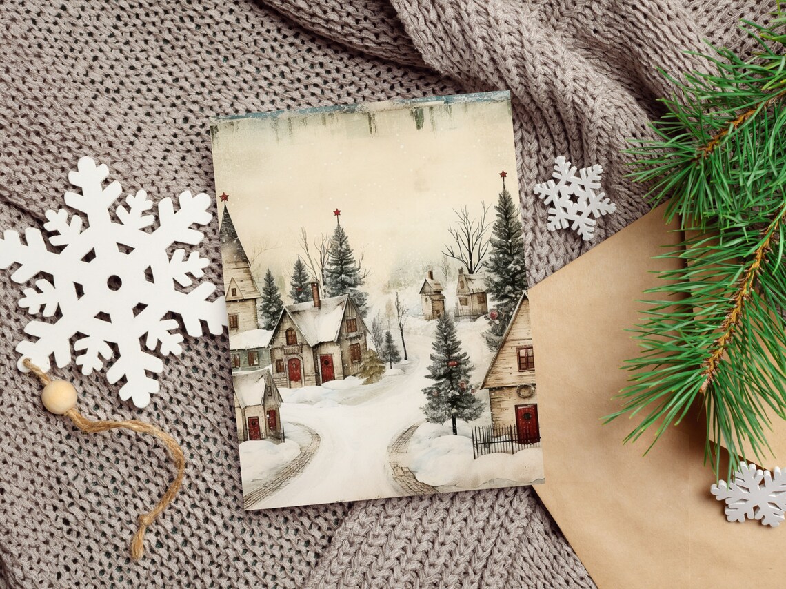 Snowy Christmas Village with Church Watercolor Holiday Town Poster - Image 4