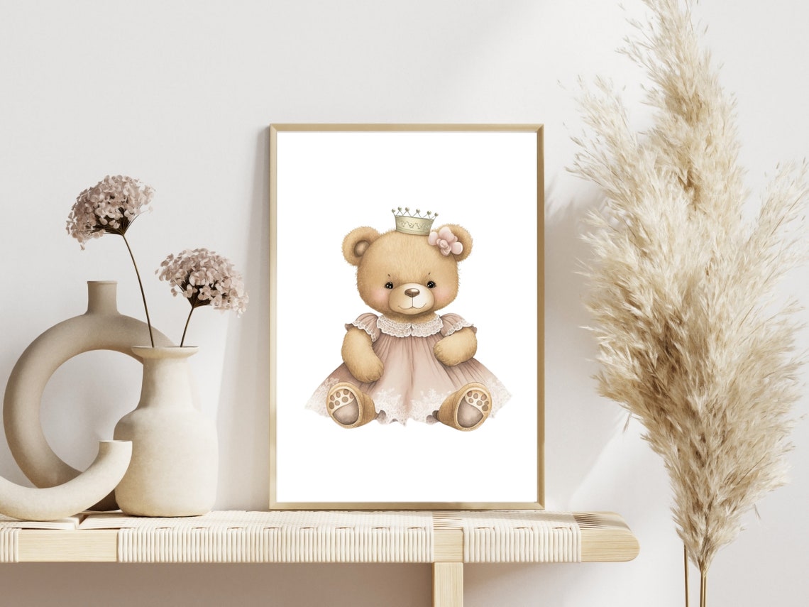 Nursery Teddy Bear Print Princess Wall Art For Girl Baby Shower Gift Birthday Gift Art Print For Little Girl Kids Room Art - Image 3
