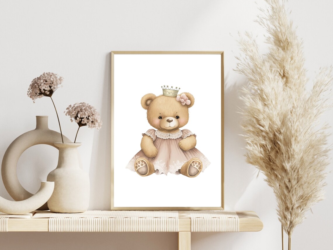 Princess Teddy Bear in a Pink Dress with Crown Nursery Poster - Image 3
