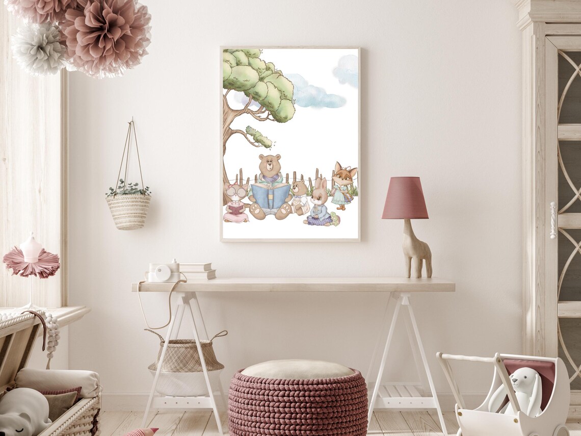 Bear Reading Book To Woodland Animals Watercolor Story Time Poster - Image 3