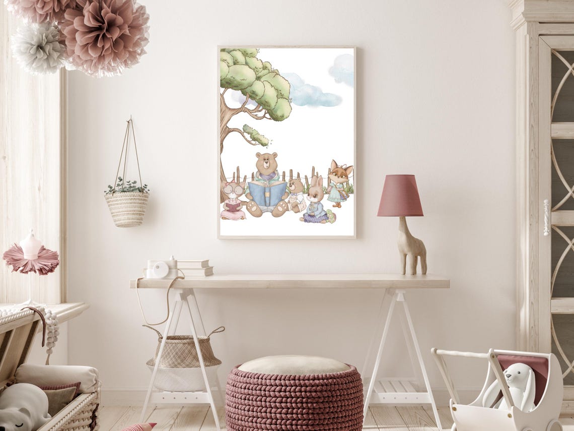 Story Time Under The Old Oak Tree Woodland Animal Art For Girls Room Forest Friends Nursery Art Storytelling Kids Room Print - Image 3
