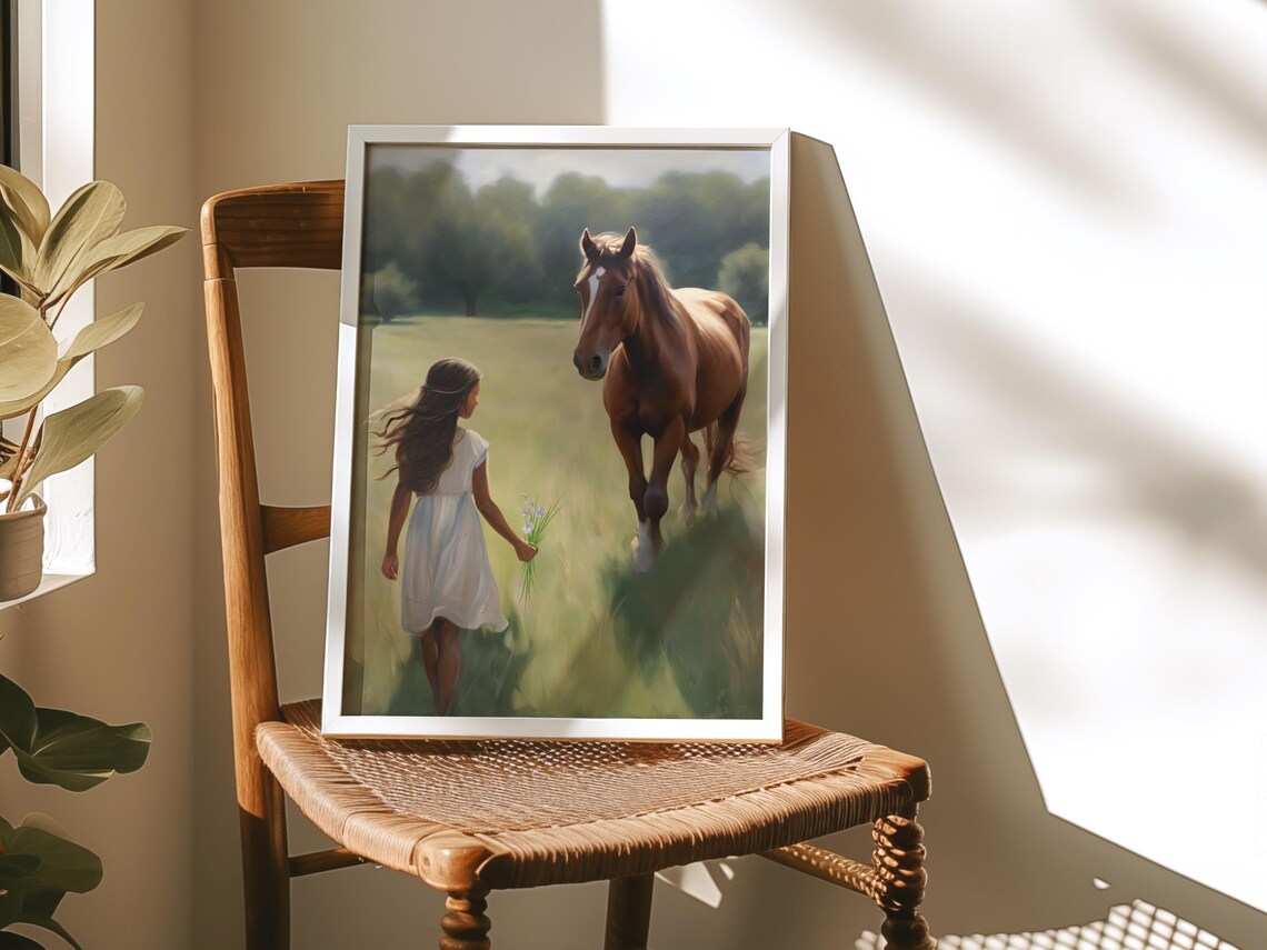 Girl and Horse Meadow Painting Poster Equestrian Girls Room Decor