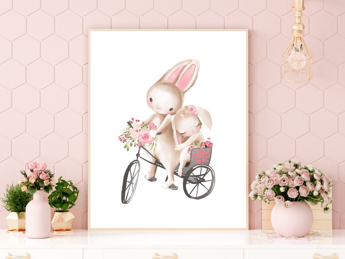 Mama And Baby Bunny Flower Tricycle Ride Watercolor Nursery Poster - Image 4