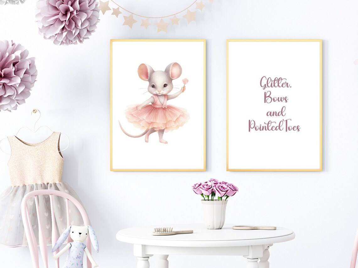 Cute Ballerina Mouse With Pink Flower Dancing Girls Room Poster - Image 2