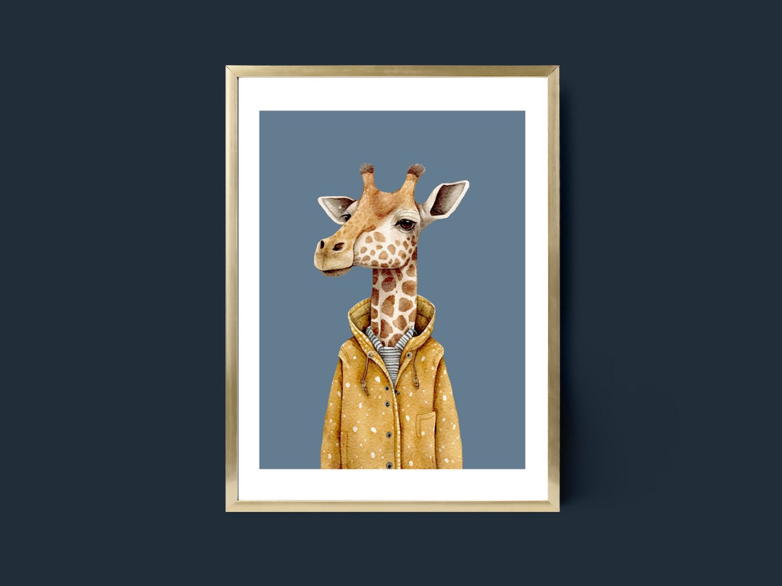 Giraffe in Mustard Polka Dot Raincoat Watercolor Nursery Art Print - Image 3