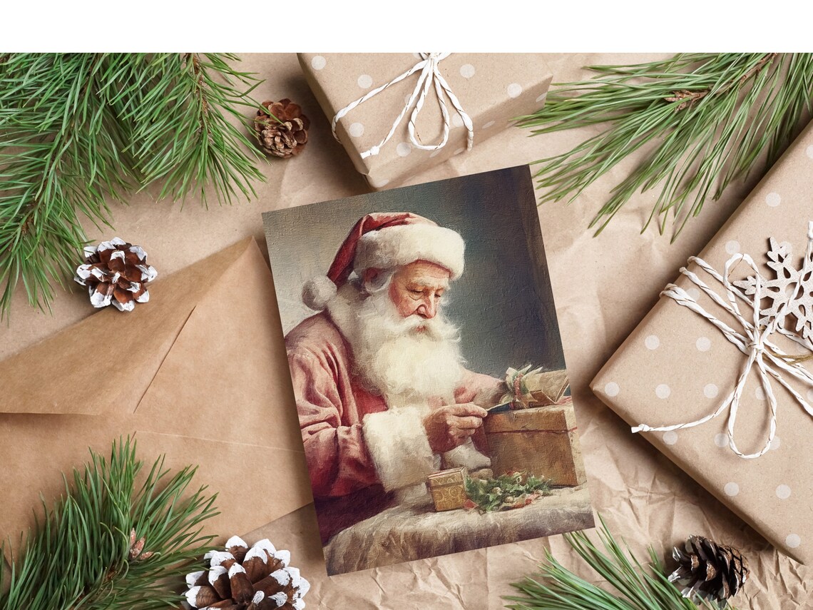 Santa Claus Wrapping Gifts Vintage Oil Painting Christmas Poster - Image 2