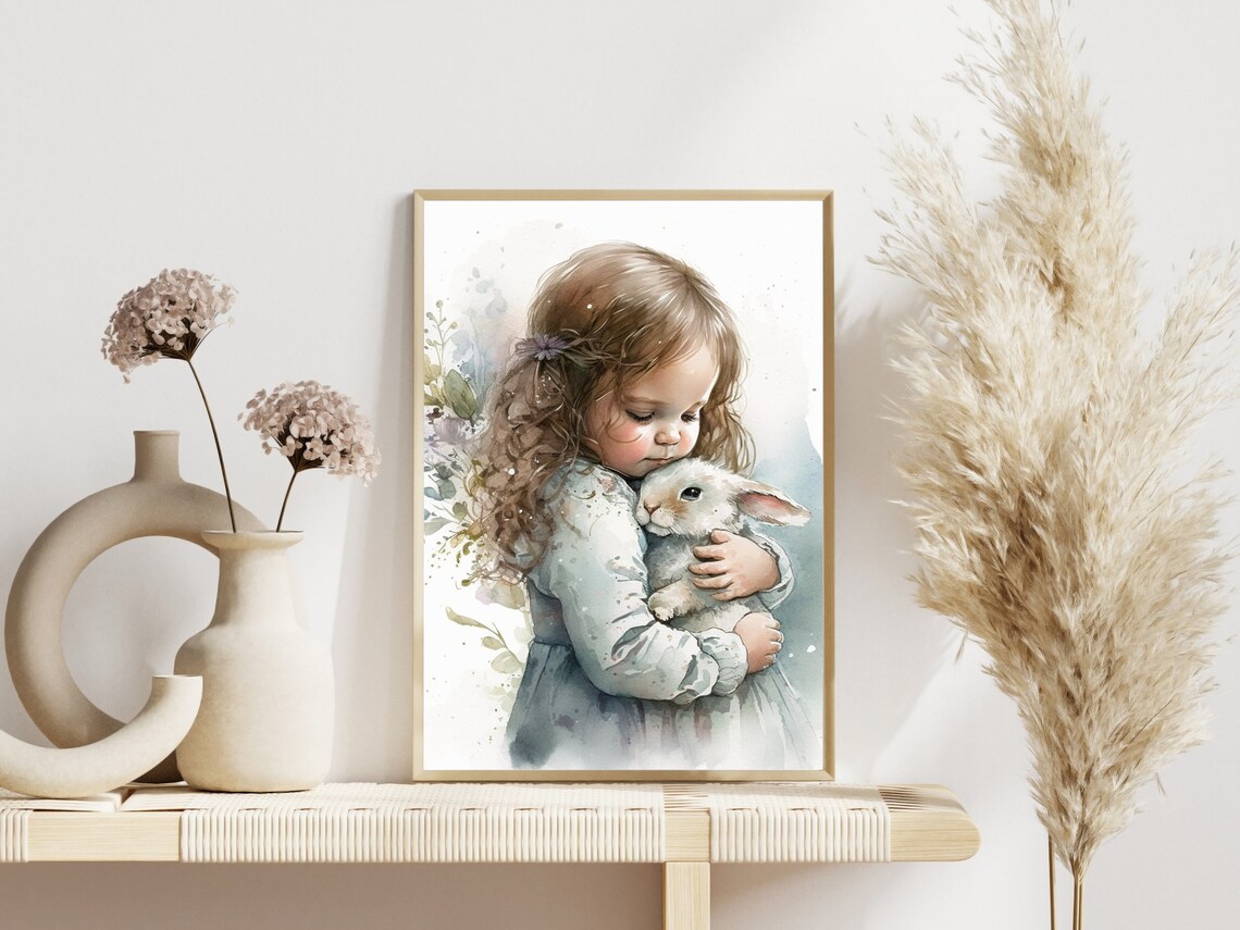 Sweet Little Girl and Fluffy Bunny Watercolor Art Print - Image 3
