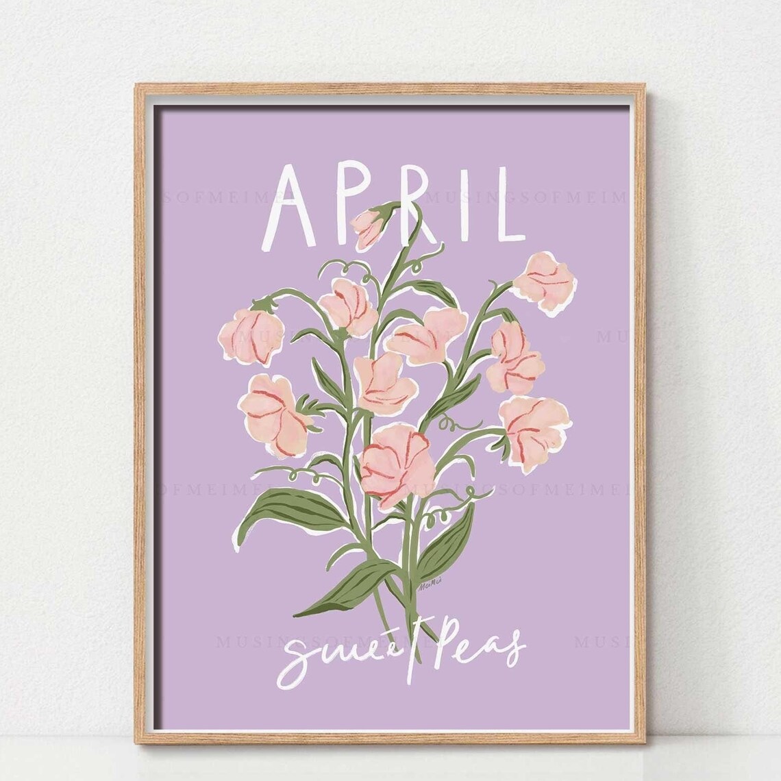 April Sweet Peas Botanical Poster in Lavender for Spring Decor Art