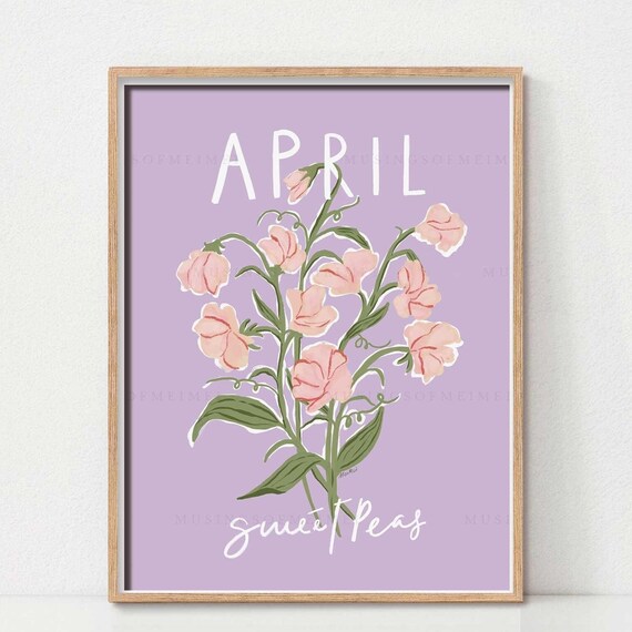 April Birth Month Flower Print Wall Art Birthday Gift Sweet Pea Botanical Nursery Decor Spring Floral