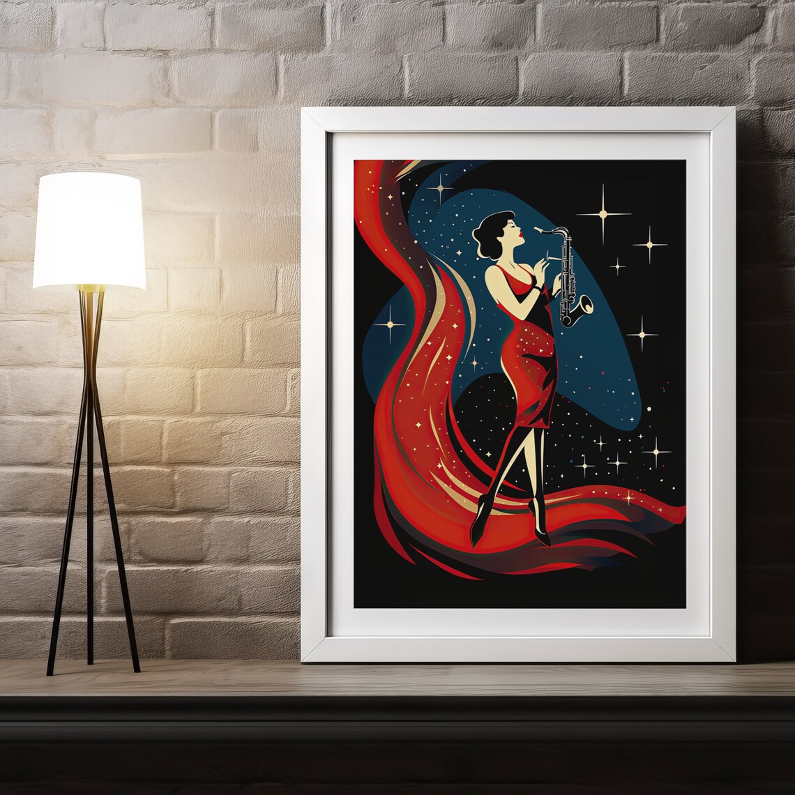 Jazz Saxophone Woman Red Dress Starry Night Art Deco Style Poster - Image 5