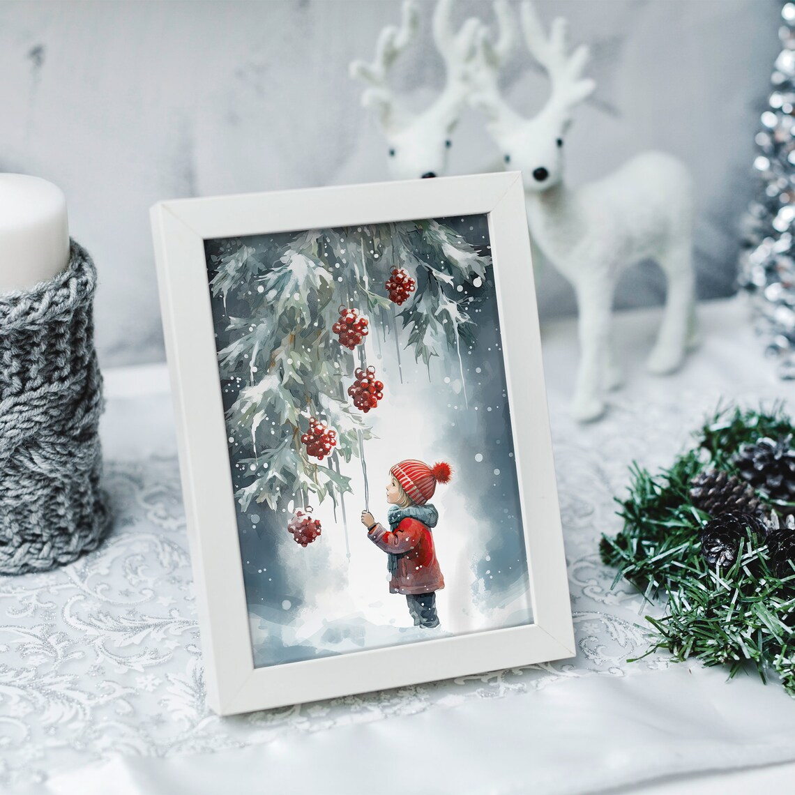 Snowy Winter Child Hanging Red Berry Ornaments Christmas Poster - Image 3