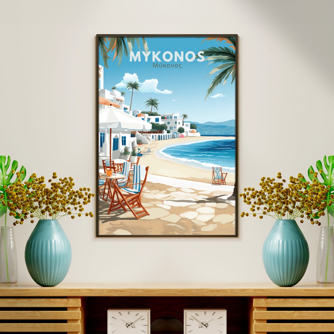 Mykonos Greece Beach Cafes Palms White Buildings Summer Poster - Image 5