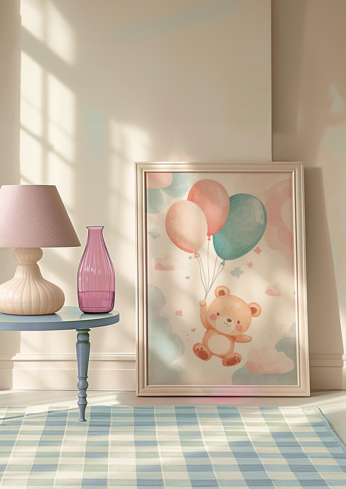 Cute Teddy Bear Holding Balloons Watercolor Nursery Poster Pastel Baby Room Art - Image 2