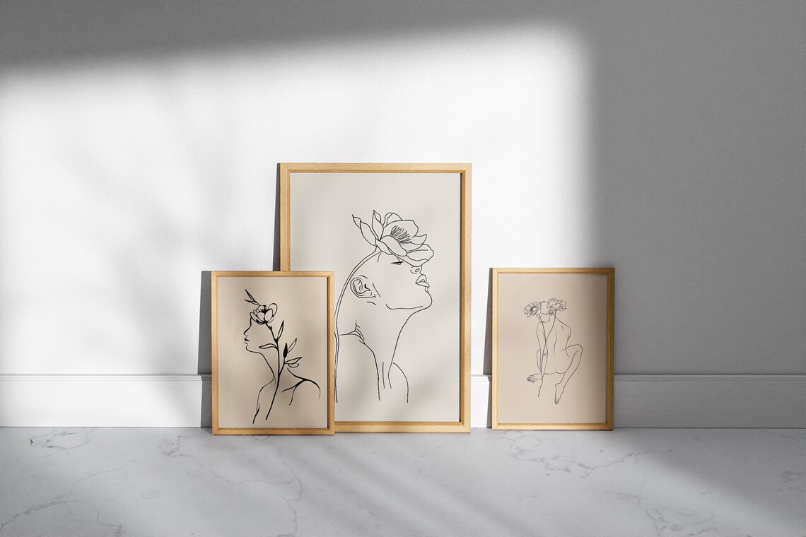 Set Of 3 Female Line Drawing Floral Face Art Minimalist Poster - Image 7